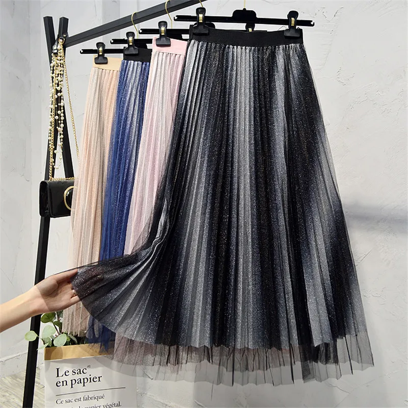 Длинная Плиссированная юбка градиентная сетчатая с металлическим блеском