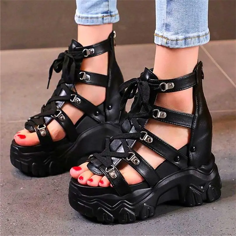 

Summer Ankle Boots Women Strappy Buckle Platform Wedge Gladiators Sandals Open Toe High Heels Oxfords Punk 34 35 36 37 38 39