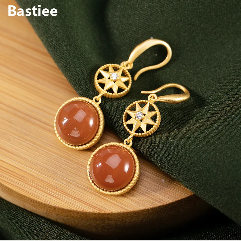 

Bastiee 925 Sterling Silver Drop Earrings For Women Dangle Jewelry Gold Plated Red Agate Zircon Round Earings