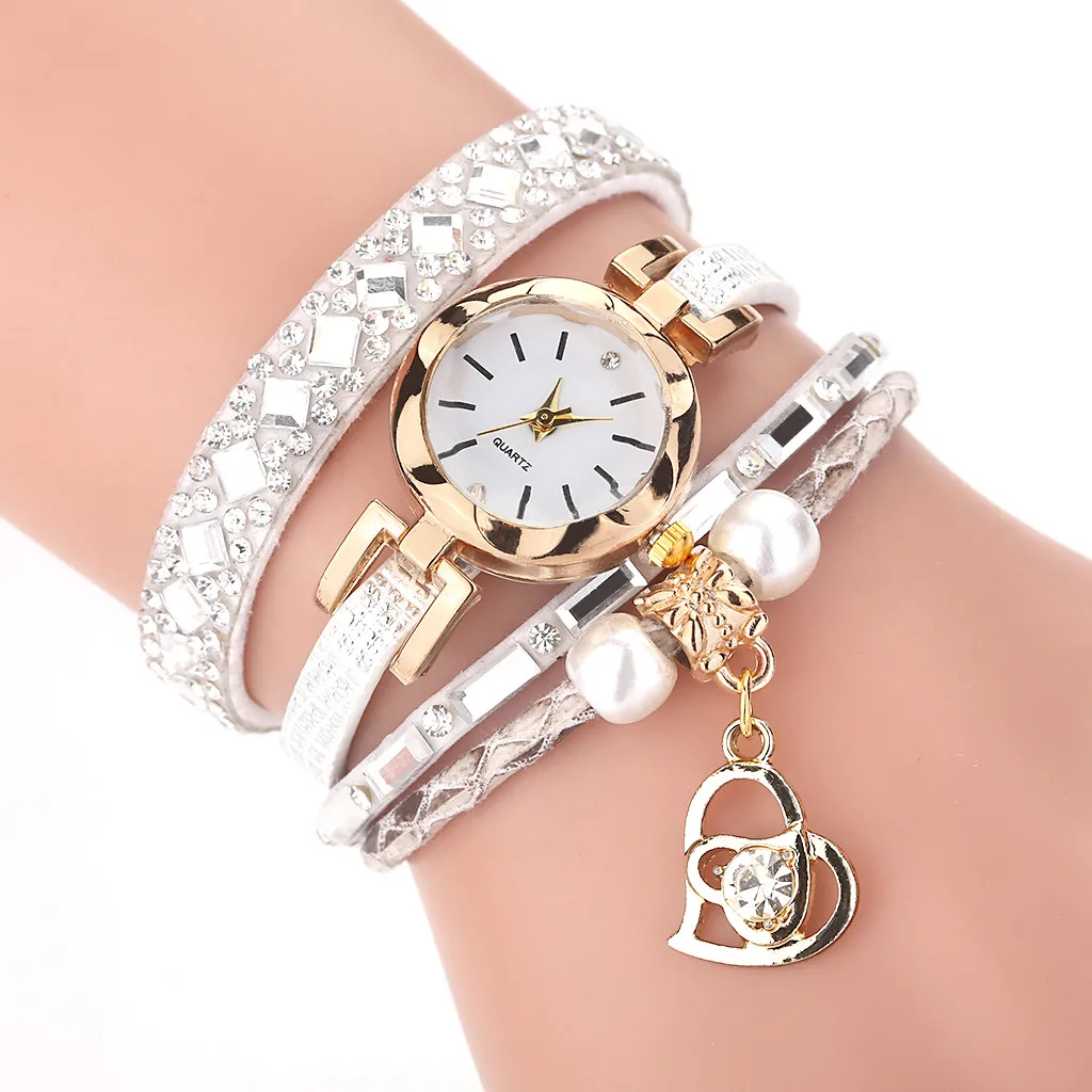 Женские часы-браслет винтажные блестящие Кварцевые часы с жемчужинами и круглым