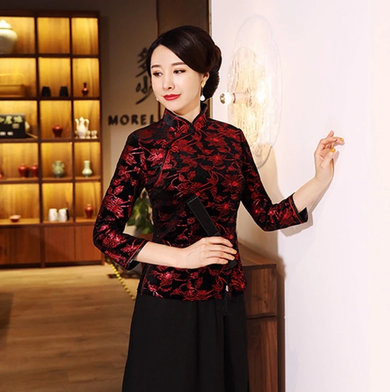 Китайский традиционный стиль осень зима бархат cheongsam женский короткий параграф семь точек рукав принт Тан костюм рубашка