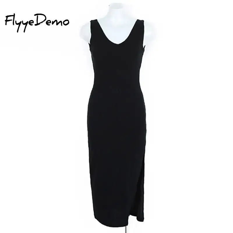 

Sexy Mid Calf Length Party Dresses Cotton Ribbed Knitted Sexy V Neck Solid Split Sleeveless Autumn Korean Style Elegant Dress