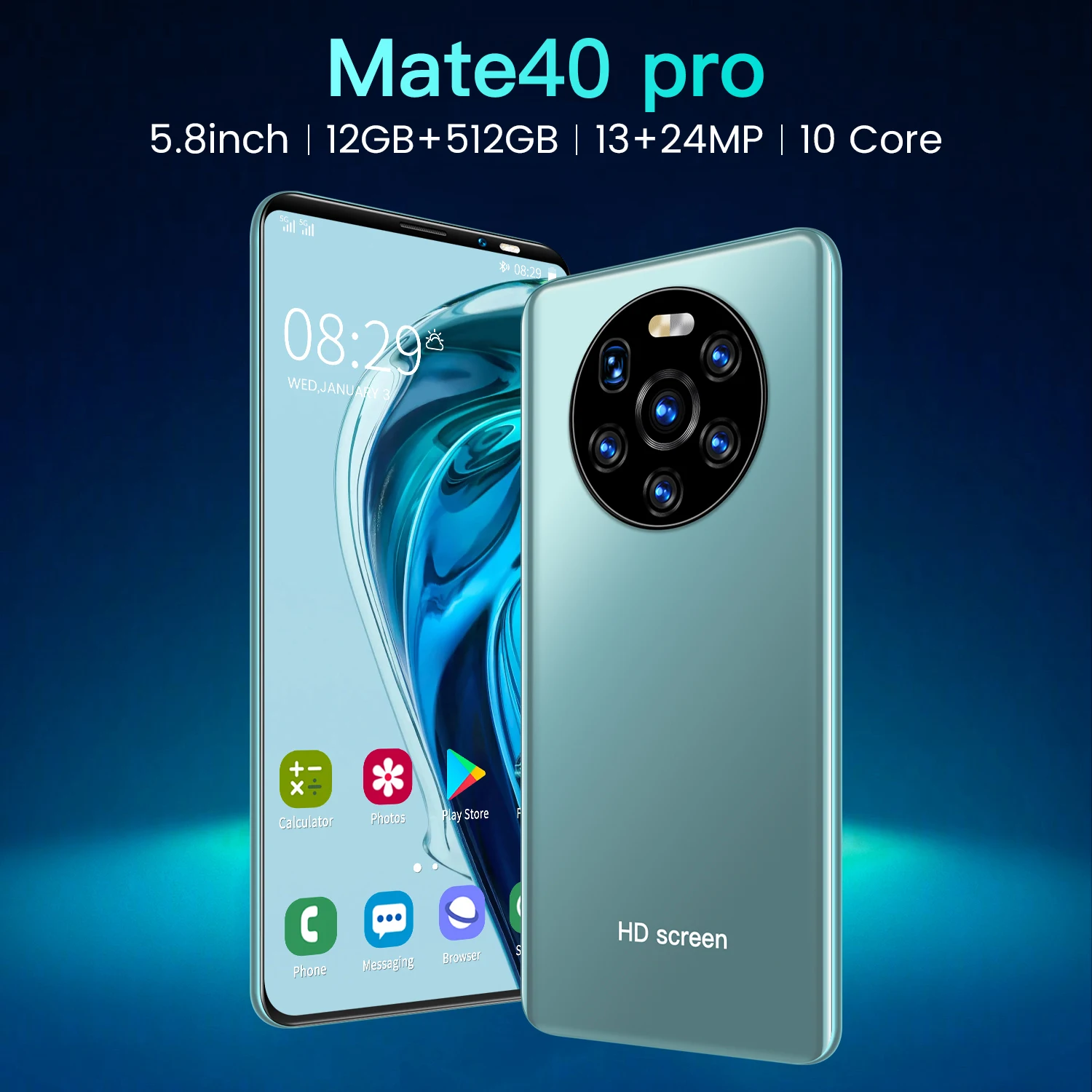 

Global Version Mate40 Pro 5.8 Inch Smartphone 12GB +512GB ROM 4800mAh Battery HD Screen Supports Google GPS WiFi 5G Mobilephone