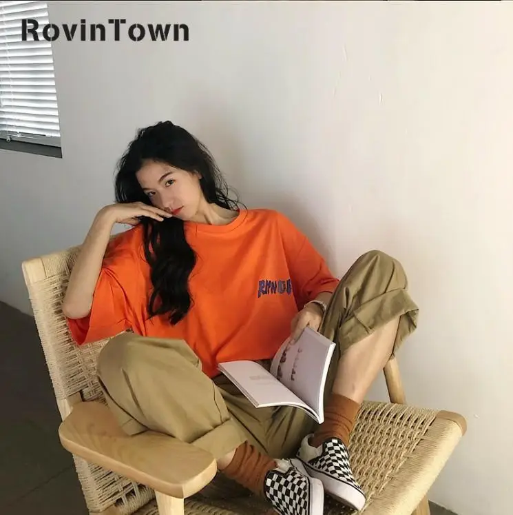 Женская футболка с коротким рукавом оранжевая или белая свободная в Корейском