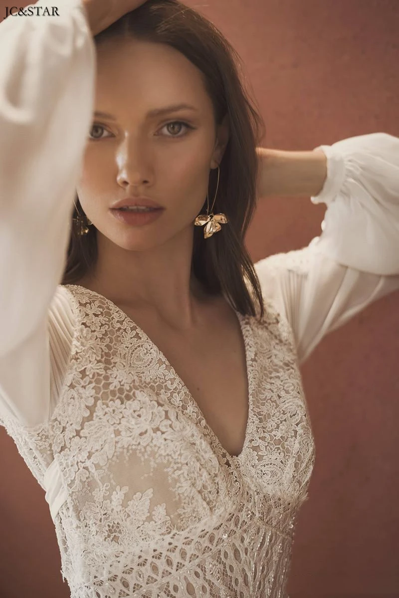 

boho wedding dress long sleeves2020 Lace Chiffon Bridal Gowns V Neck Backless A-Line ivory gelin elbisesi vestido de noiva