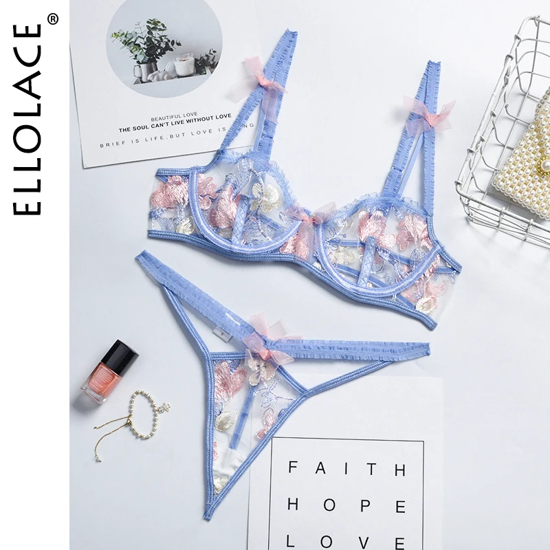 

Ellolace Floral Women's Underwear Sensual Lingerie Woman Underwire Bra and Thongs Set Woman 2 Pieces Sexy Erotic Lingerie