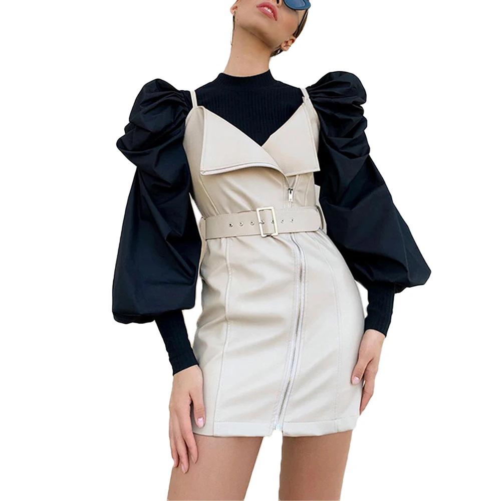 

Autumn Women's Lantern Sleeve Stitching Blouse Vintage Female Knit Tops Winter Autumn Solid Tops Slim Fit Blouses