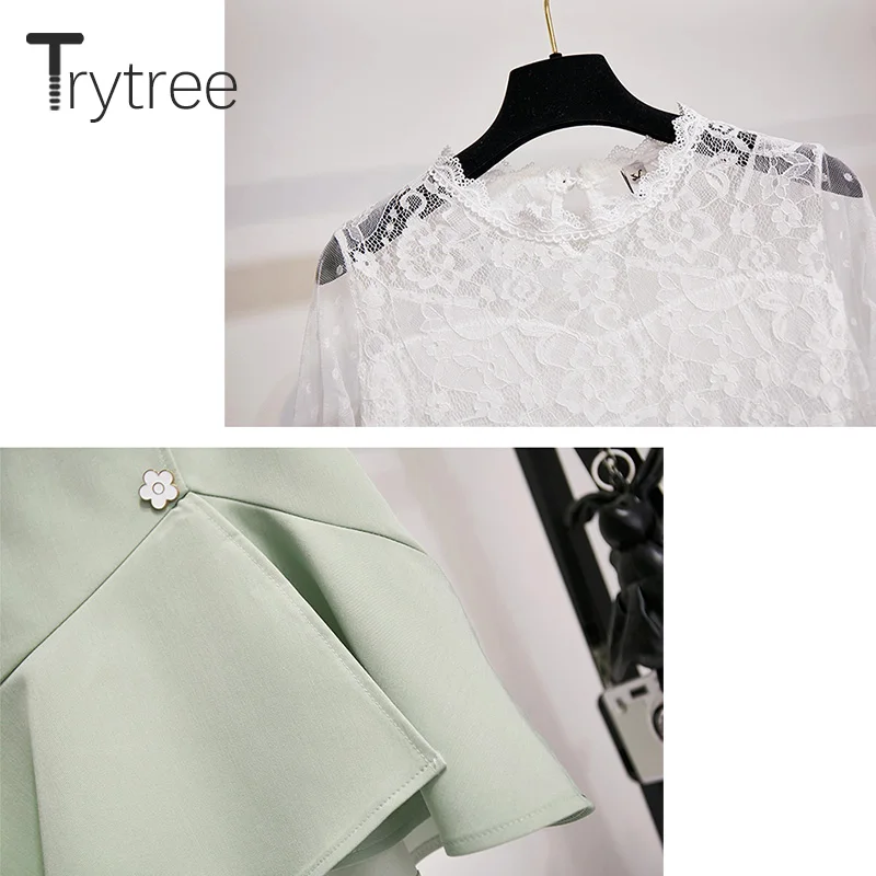 Trytree осенний Женский комплект из двух предметов, повседневный кружевной топ с расклешенным рукавом и круглым вырезом+ юбка-кюлоты с цветком и пуговицами, мини-костюм, комплект из 2 предметов
