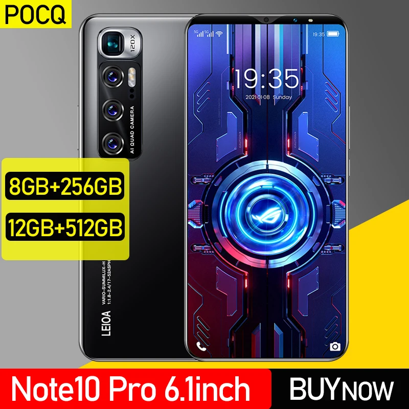 

6.1 Inch Mobile Phone Note10 Pro Smartphone 12G+512G Android Phone 4800mAh Battery Face Unlock 5G Mobilephone Support Google GPS