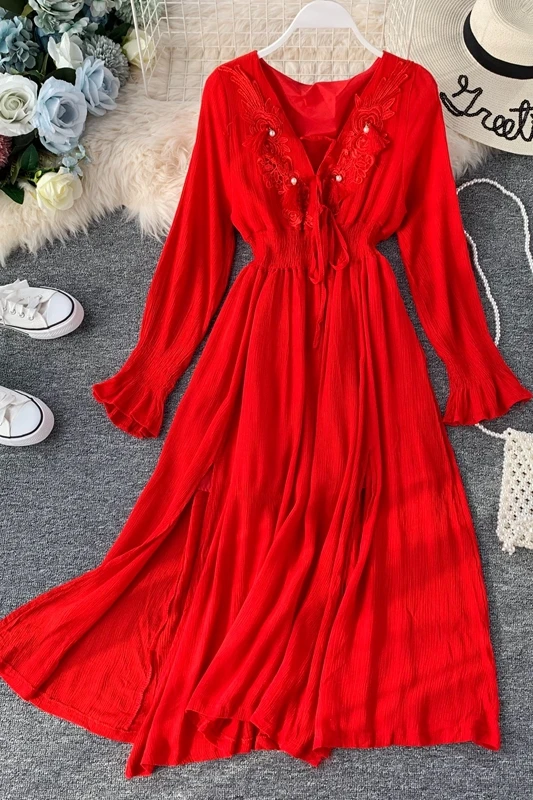 

2020 new fashion women's clothing adult National style wine red holiday tour temperament split V-neck cotton and linen dress