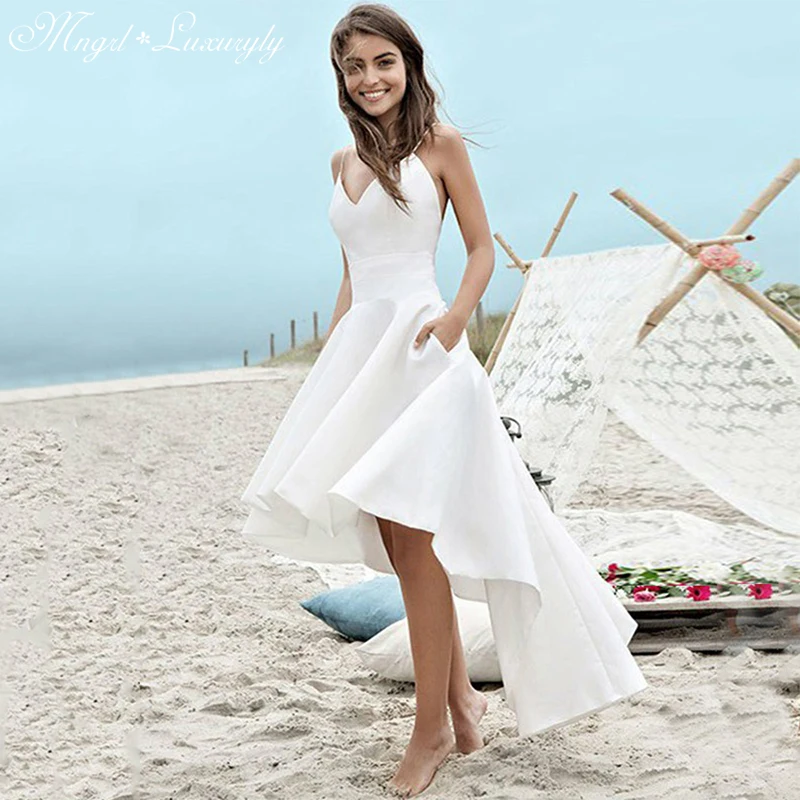 

Luxury Matte Soft Satin Wedding Dresses Sleeveless Spaghetti Straps Sweetheart Gowns High Waist Knee-length