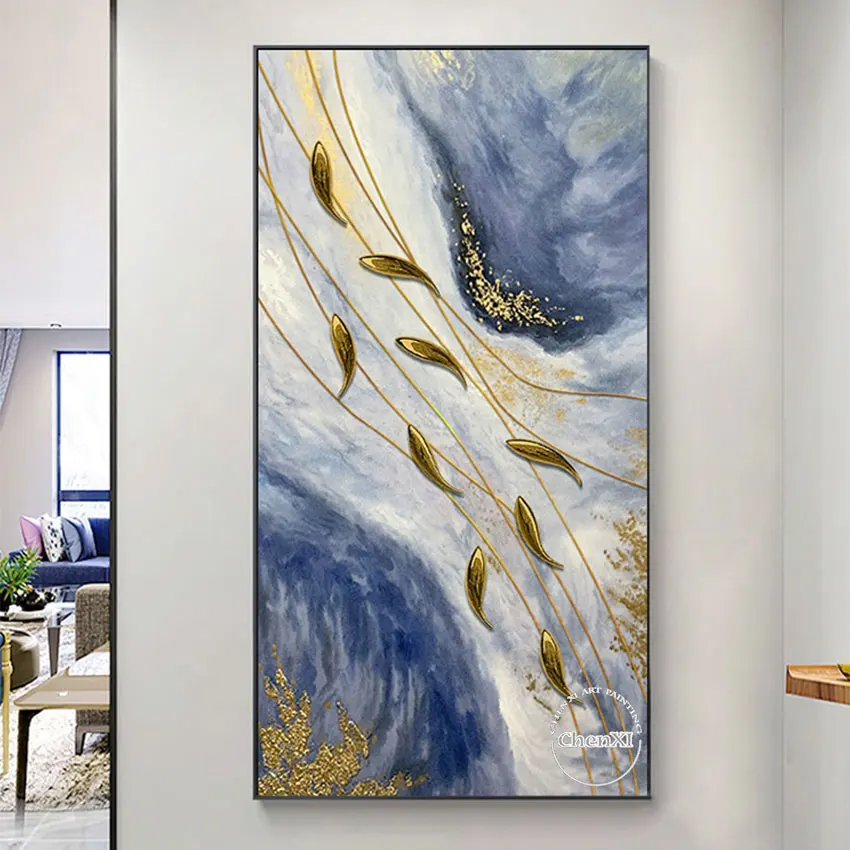 Картина маслом на холсте с изображением красивых золотых листьев | Дом и сад