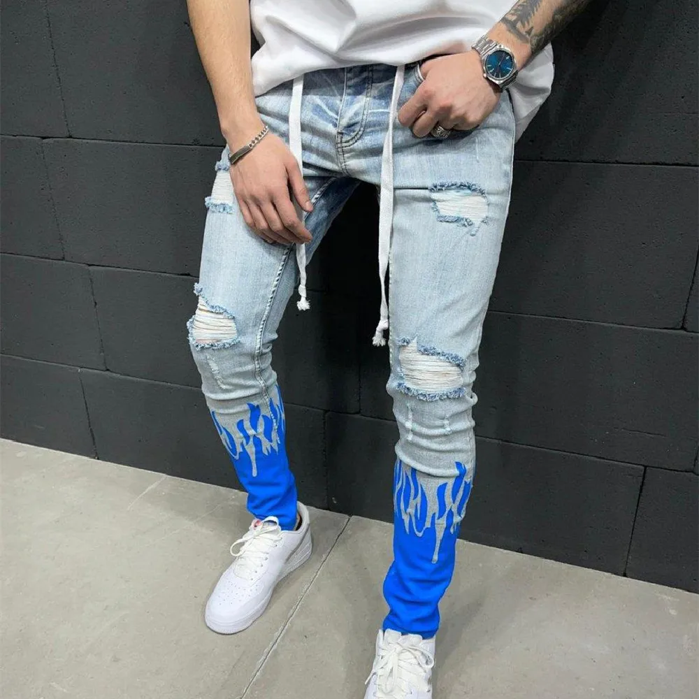 

Summer Slim Ripped Jeans Men Adults Flame Pattern Trousers Fashion Wild Casual Skinny Daily Wear Pencil Pants with Pocket