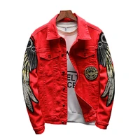 wings embroidery denim jacket coat black red 2019 fashion designer slim denim jacket large size mens short embroidered jacket