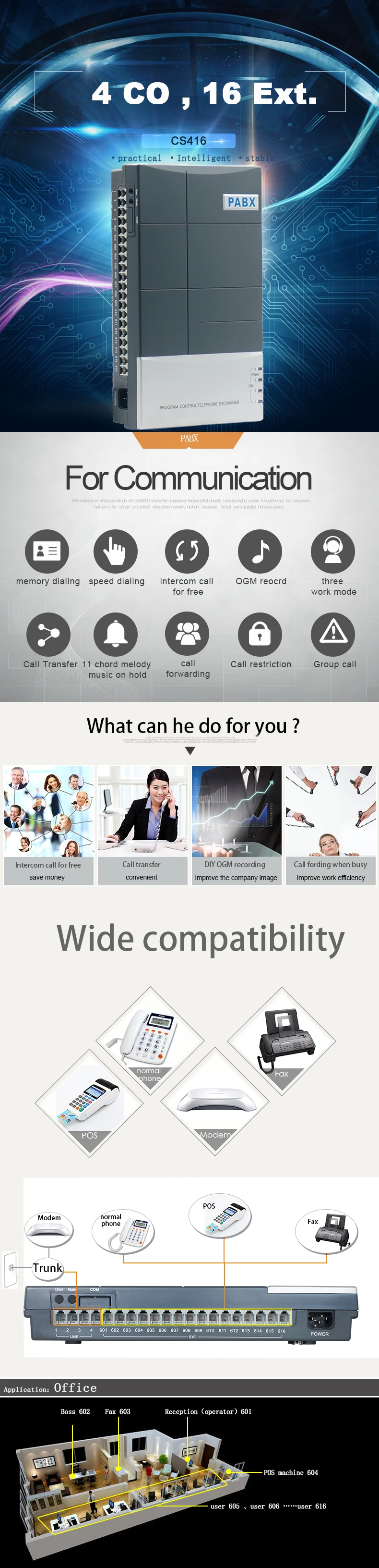 EXCELLTEL экономичная PBX система 16 расширение 4 PSTN PABX для дома и офиса(CS416