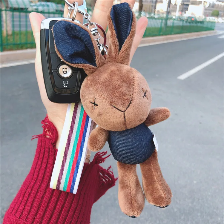 

Cute Cowboy Rabbit Key Chain Stripes With Car Keychains Pendant Doll Machine Doll Bag Pendant Key Ring