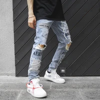 3xl hole skinny jeans men streetwear letter print patchwork straight pencil pants male vaqueros hombre hip hop trousers