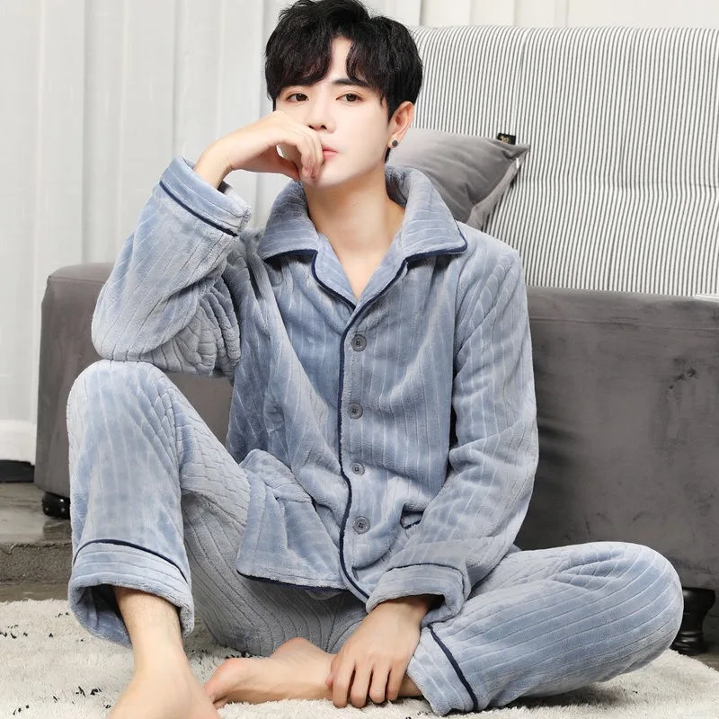 

2020 Winter Thick Warm Flannel Pajamas Long Sleeve Pijama Suit Loungewear Homewear Home Clothes Set For Men Sleepwear