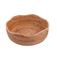 bread storage tray snack kitchen breakfast hand woven table serving fruit basket drinks round rattan home decoration wave edge