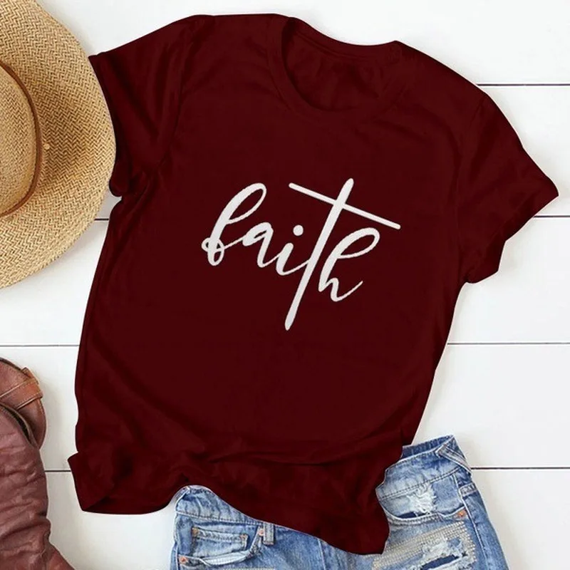 

Cross FAITH Print Women T Shirt Short Sleeve O Neck Loose Women Tshirt Ladies Fashion Tee Shirt Tops Clothes Camisetas Mujer