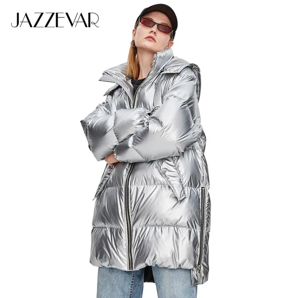 JAZZEVAR Зимняя женская куртка новая мода уличная женская Edgy серебряная длинная пуховая куртка классная пуховая куртка на молнии с капюшоном для девочек верхняя одежда z18004