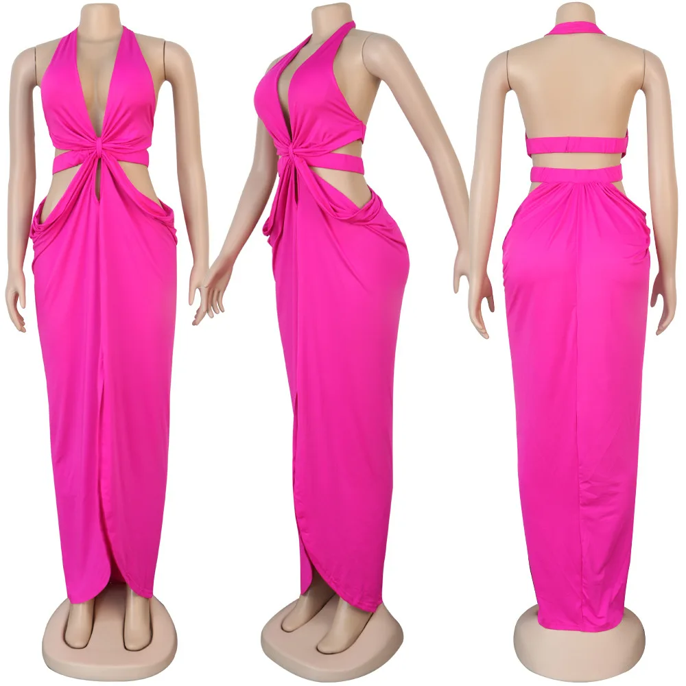CM.YAYA Women Halter V-neck Open Back Split Irregular Maxi Dress Sexy Party Club Floor Length Beach Long Dresses Vestidos | Женская