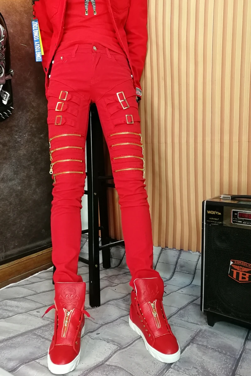 Мужские повседневные брюки тонкие на молнии красные мужские уличные в стиле