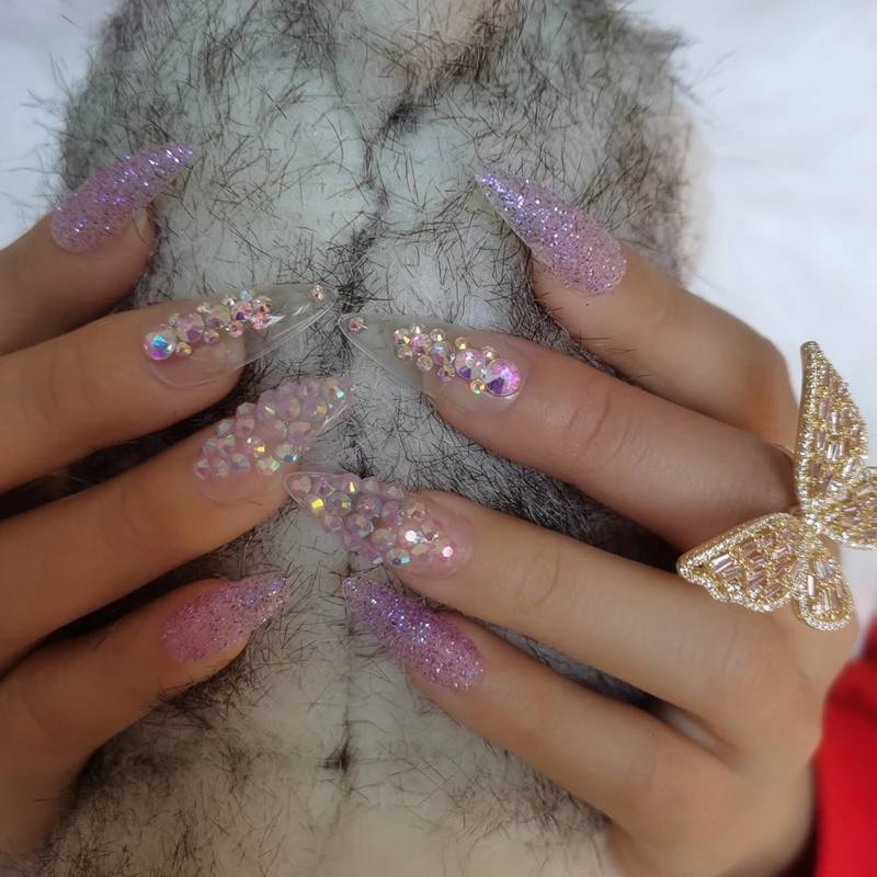 

24pcs high-end fashion handmade crystal diamond long pointed fake nails sexy Transparent