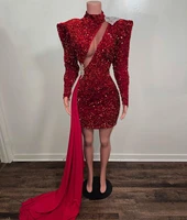 burgundy sequined sexy short prom dress long sleeve 2021 with train african black girls party formal gala gowns plus size