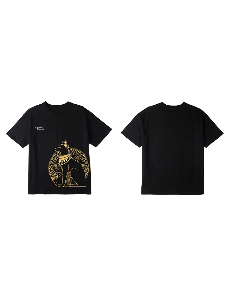 

British Museum Anderson Cat Black Gold Replica Cat Loose Round Neck Cotton T-shirt Drop Shoulder Short Sleeve Men Women Same