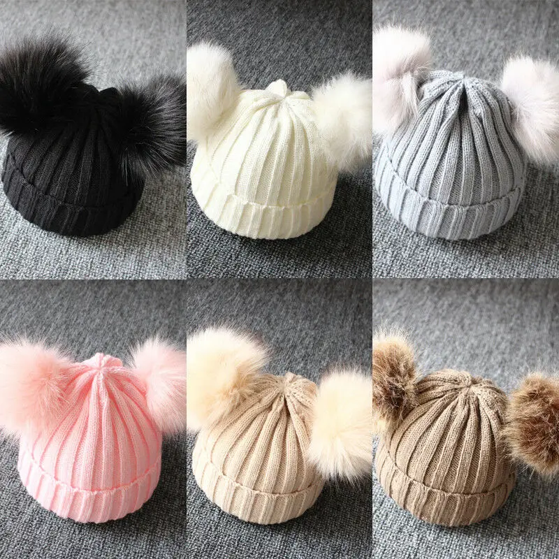 Baby Kids Girls Boys Winter Warm Knit Hat Furry Balls Pompom Solid Cute Lovely Beanie Cap Fur Pom Gifts | Детская одежда и обувь