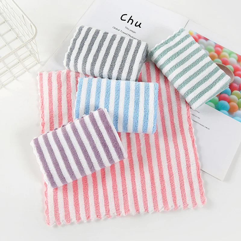 

10Pcs Coral Fleece Square with Warp Knitted Pinstripes High Density Coral Fleece 30*30 Square with Water Absorbent Kitchen Towel