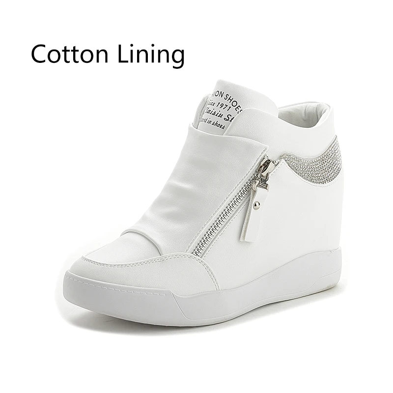 white cotton lining Dumoo/осенне-зимняя обувь; женские кроссовки; женские теплые плюшевые белые/черные кроссовки на платформе и высоком каблуке; zapatillas mujer - Цвет: white cotton lining