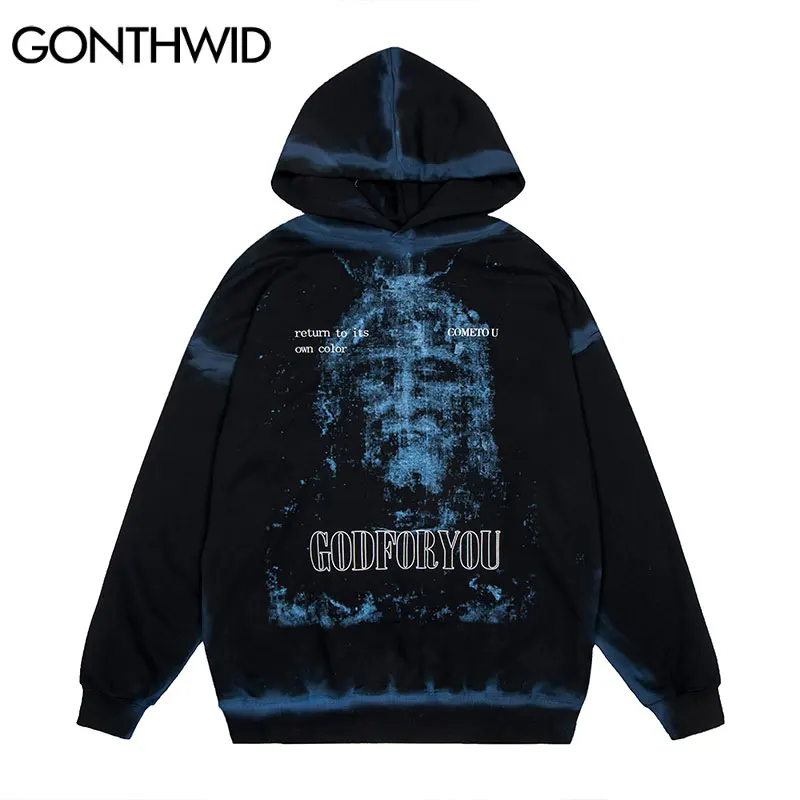 

Толстовка GONTHWID в стиле Харадзюку, уличная одежда, свитшот с принтом Иисуса Бога тай-дай, пуловер с капюшоном, модный Свободный Повседневный ...