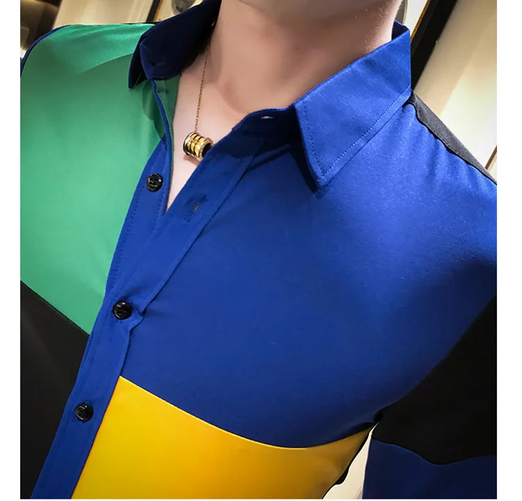 

Contrast Color Men Shirt Long Sleeve Patchwork chemise homme Slim Fitted Tops 2020 New Fashion British Fancy Cool Shirt Male