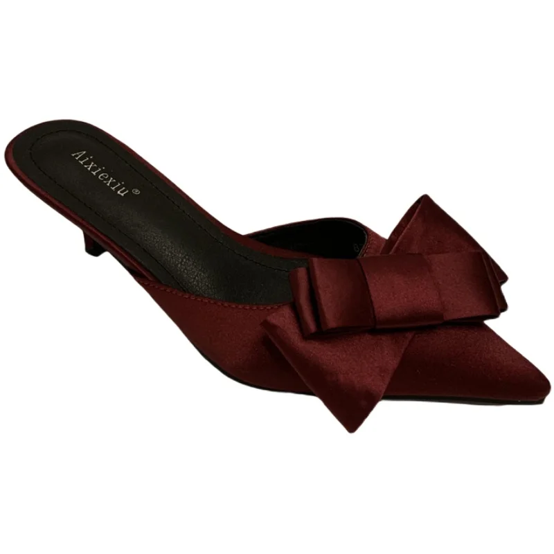 

2021 New Semi-trailer Women Wear Fine-heeled Pointy Fashion Joker Bow High-heeled Slippers