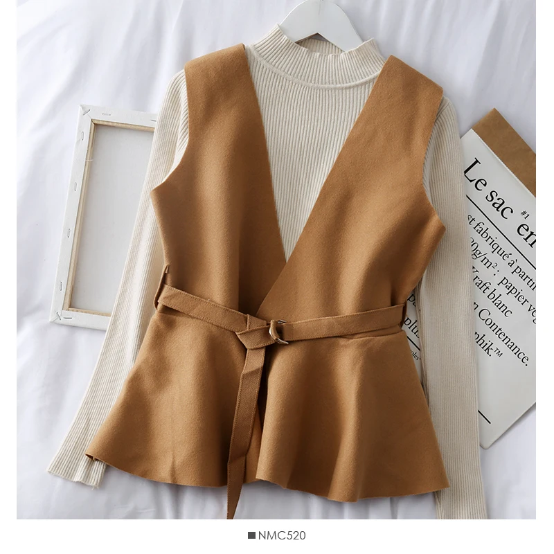 Amolapha Женский вязаный Топ пуловеры + твидовый ремень жилет пальто 2 шт наборы