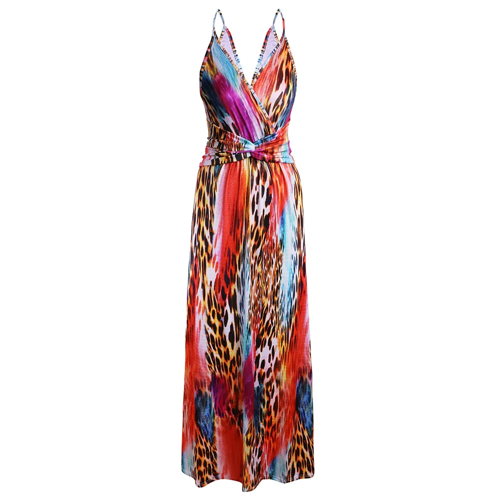 

2020 New Summer Women Sundress Fashion Bohemian V Neck Leopard Floral Long Beach Dress Backless Sleeveless Chiffon Dresses