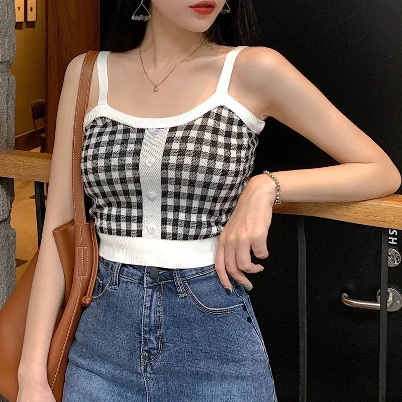 

Sweet Plaid Camisole Summer Women Camis Cute Cottagecore Sleeveless Tank Tops Y2k Fashion Crop Tops All-Match Sexy Tunics 90s