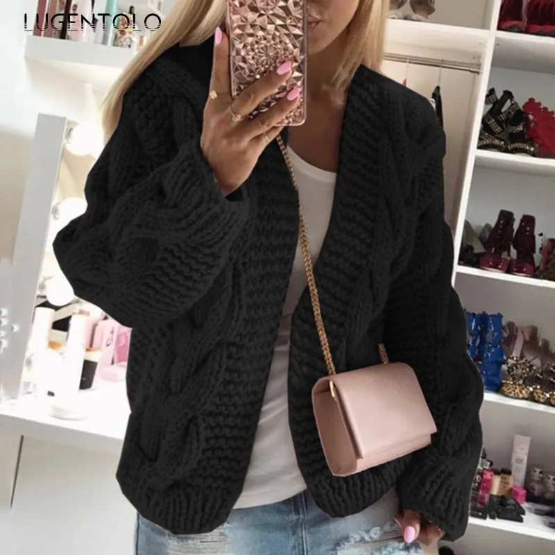 

Women Twist Sweater Hooded Autumn Winter Knitted Cardigan Long-Sleeved Female Thick Solid Casual Sweaters Lugentolo