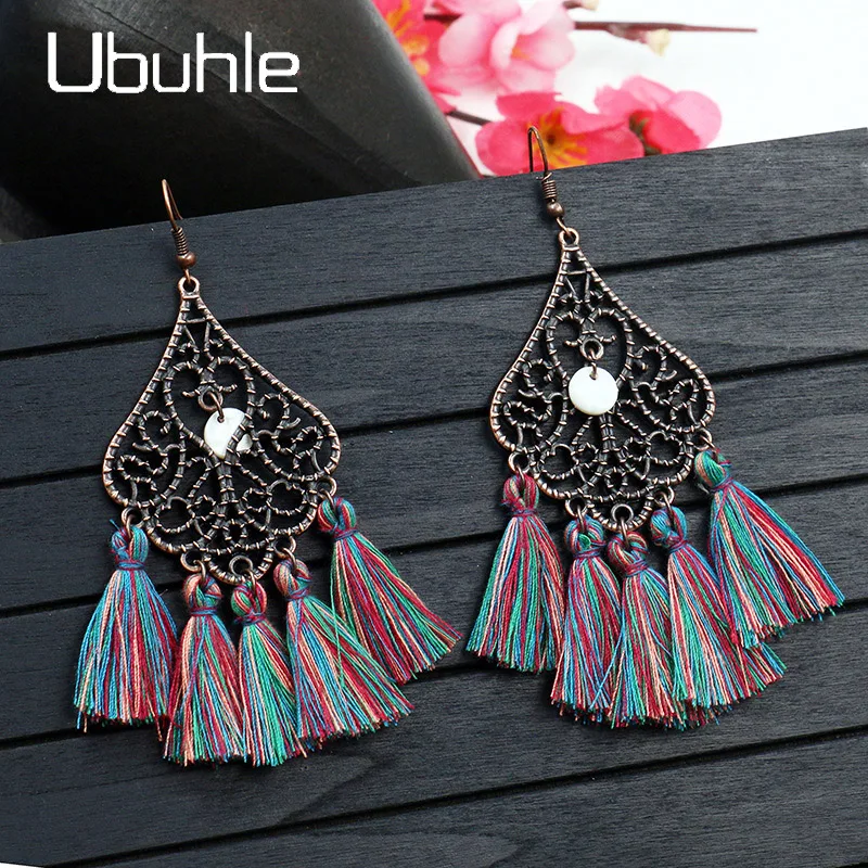 Винтажные богемные этнические бронзовые висячие серьги с бахромой длинные