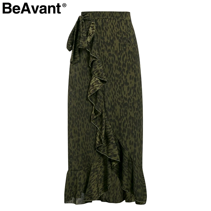 BeAvant Elegant leopard print women maxi skirt High waist ruffled asymmetrical female long skirt Side bow tie autumn lady skirts