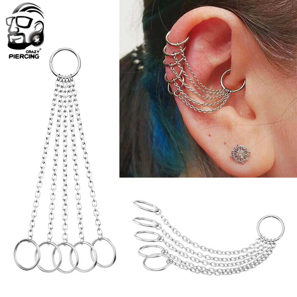 6 колец с цепями Кафф серьги Сталь из нержавеющей стали кольца шпильки спираль