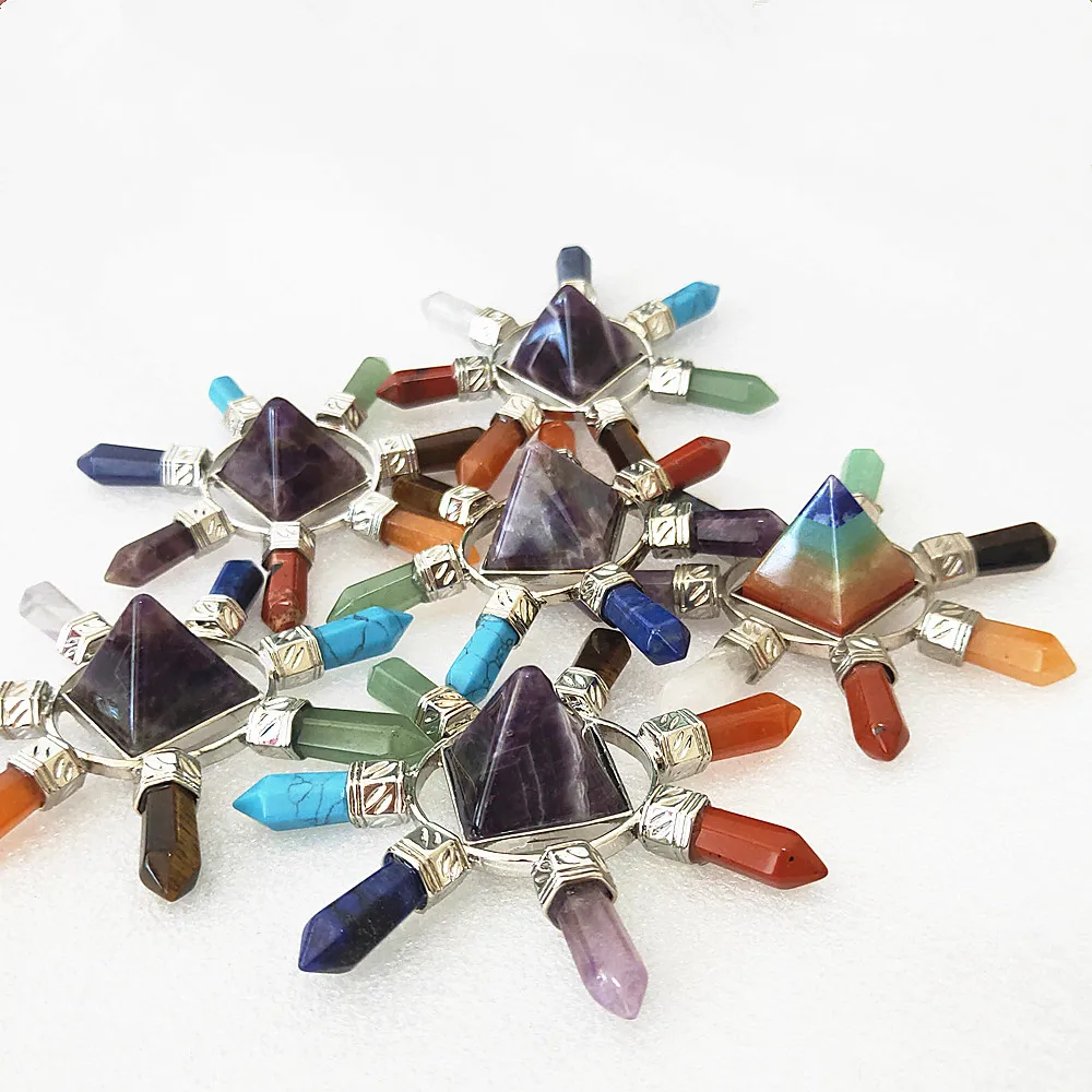 

Natural Seven Chakras Amethyst Crystal Pyramid 7 Color Quartz Hexagonal Column Energy GemStone Meditation Reiki Healing 1pcs