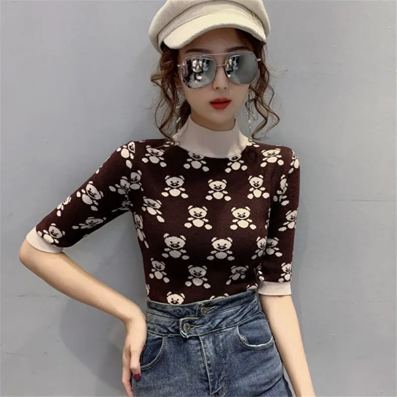 

Pullover Knit Women's Half Sleeve 2020 Spring New Half Turtleneck Bottom Shirt Slim Student Sweater Short Sleeve