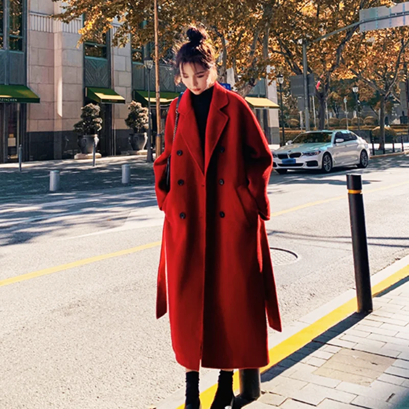 

Женское твидовое пальто средней длины, теплое шерстяное пальто в Корейском стиле, свободного покроя, до колена, с застежкой на талии, Осень-з...