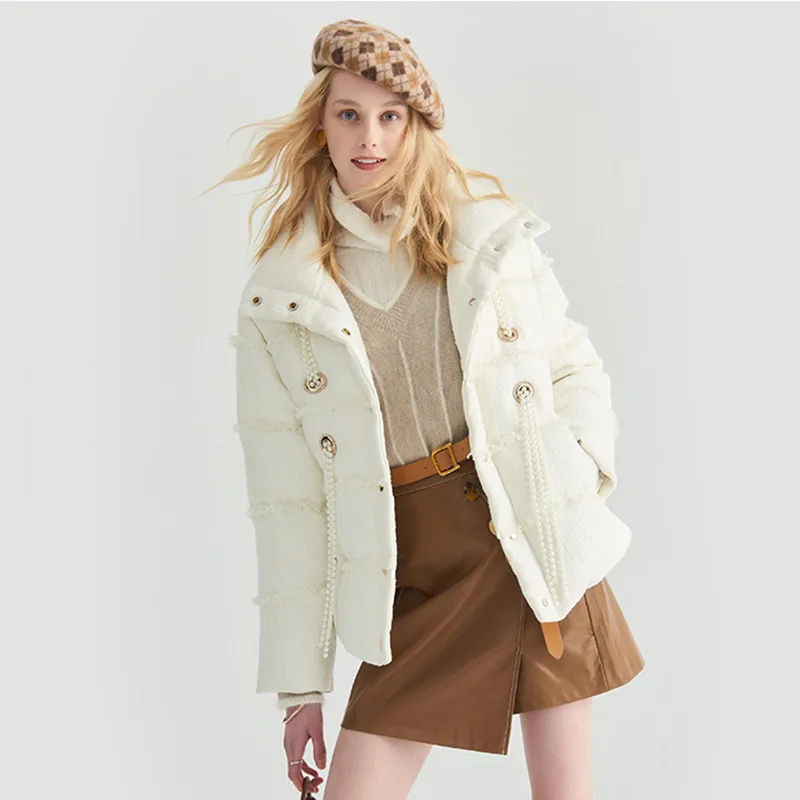 Женская твидовая парка с жемчужинами и бахромой теплая белая однобортная