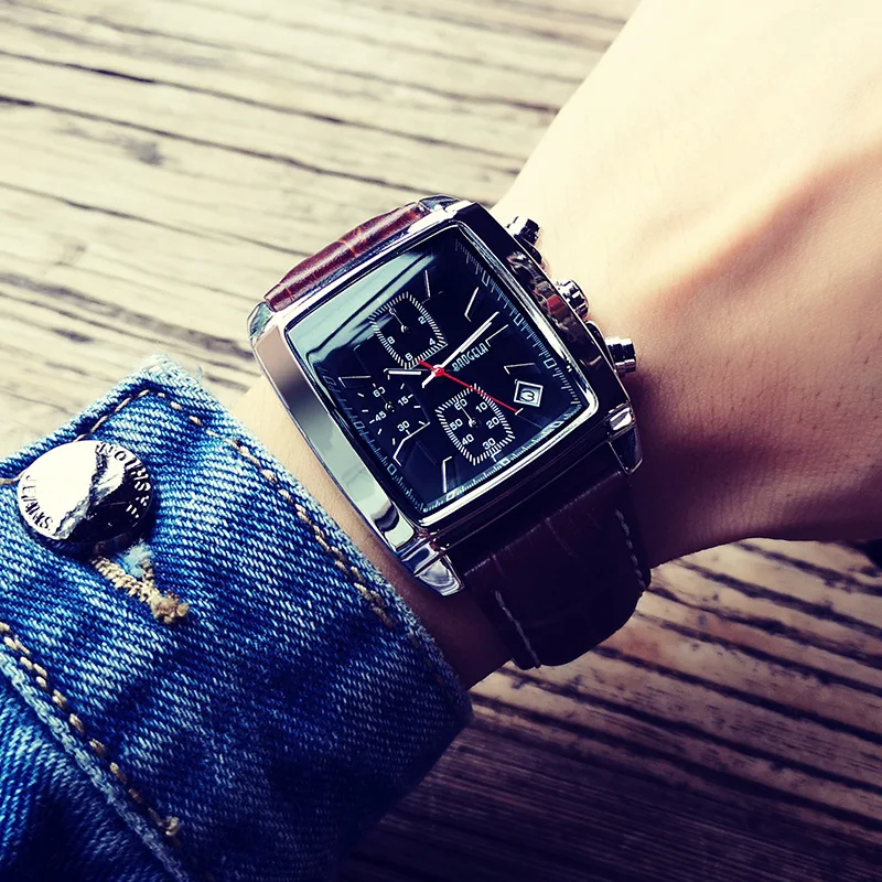 Glenaw многофункциональные мужские часы кожаные квадратные кварцевые военные с