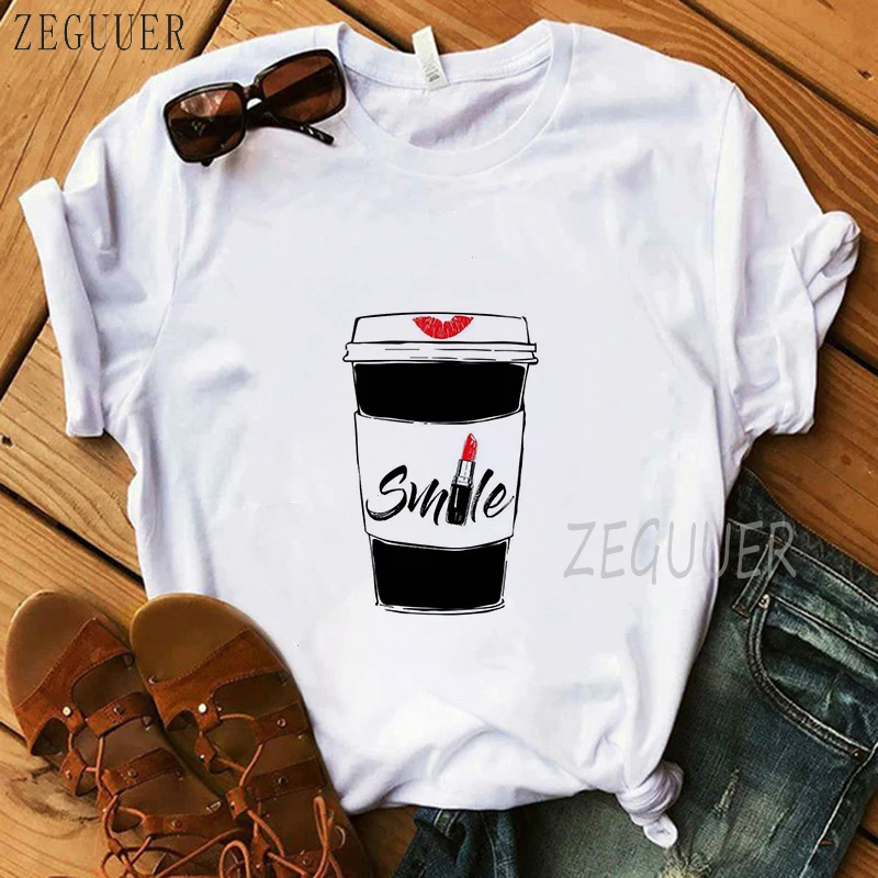 Летняя рубашка женская модная футболка с надписью I Love Coffee на высоком каблуке