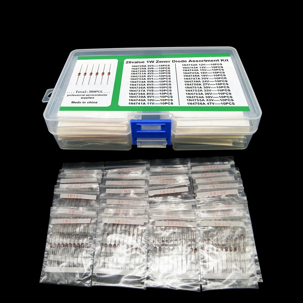 

Zener Diode Kit 1W 3.3-47V 28 Values Assorted Set 1N4728-1N4756A Zener Voltage Regulator